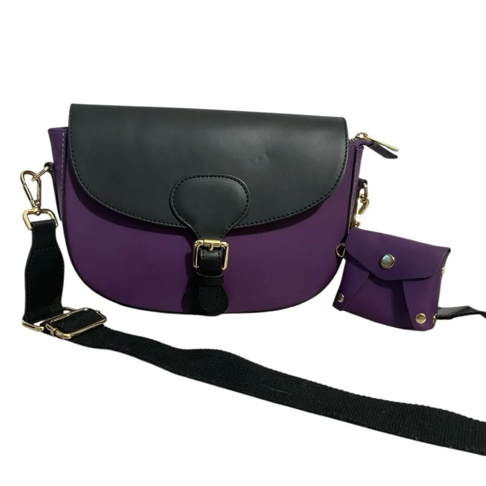 STELLA BIANCA Purple/Black Genuine Leather Flap Crossbody Shoulder Bag Italy - Picture 1 of 10